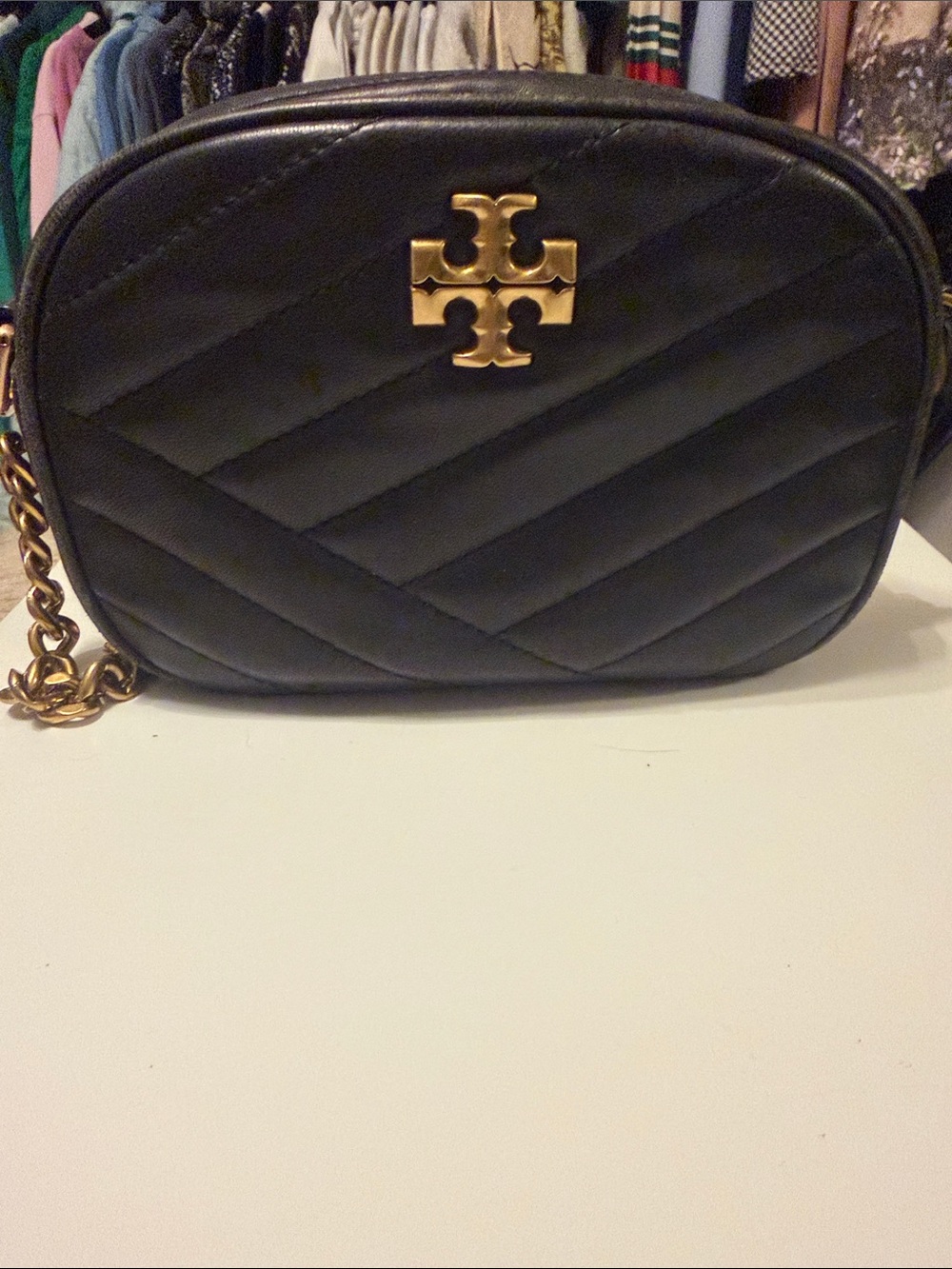 Tory Burch Kira Black Quilted Camera Bag with Gold Logo